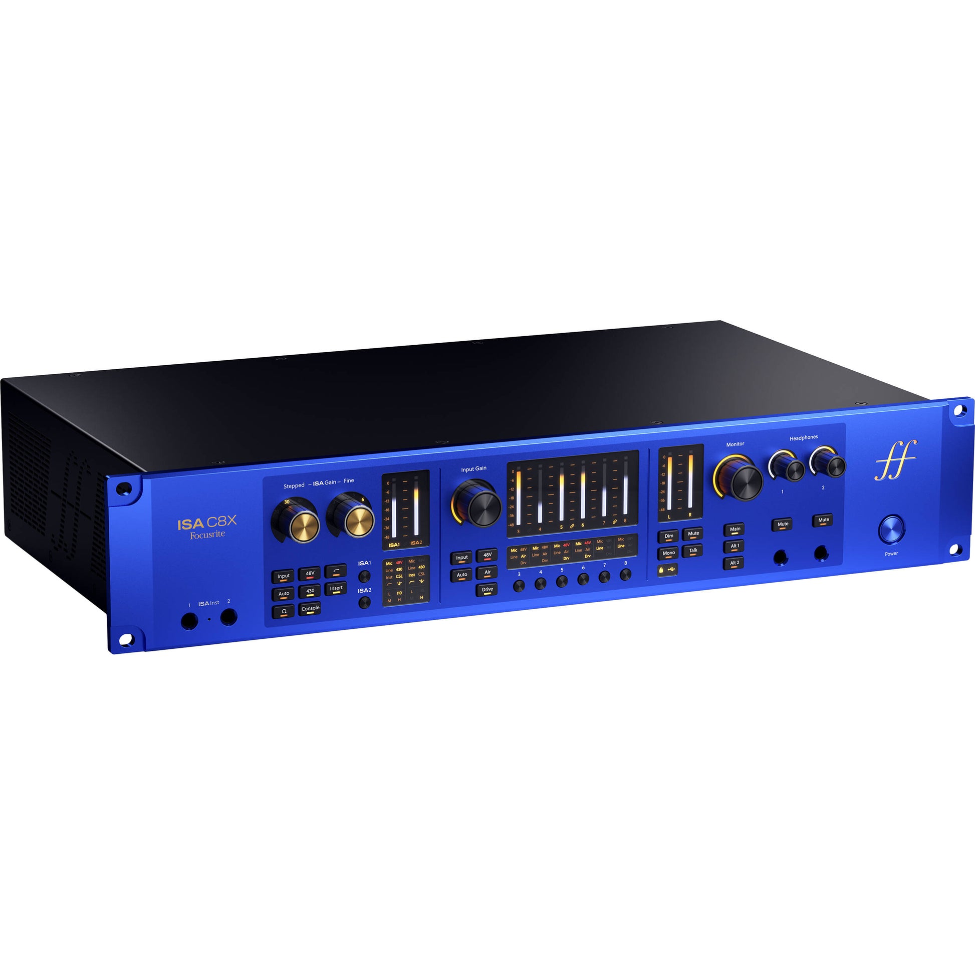 Focusrite ISA C8X USB audio interface with multiple input/output ports and professional audio controls.