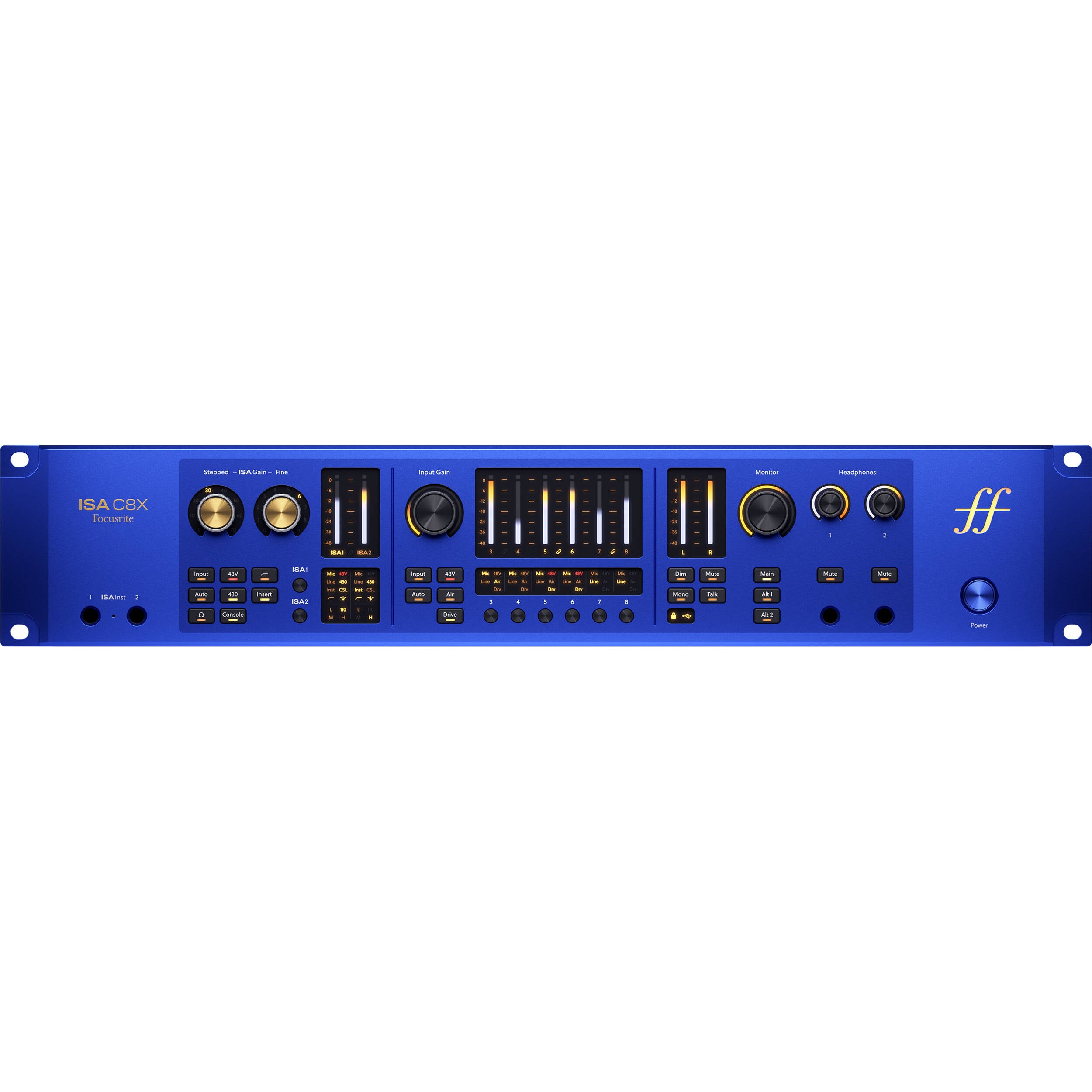 Focusrite ISA C8X USB audio interface with colorful front panel and multiple input/output connections.