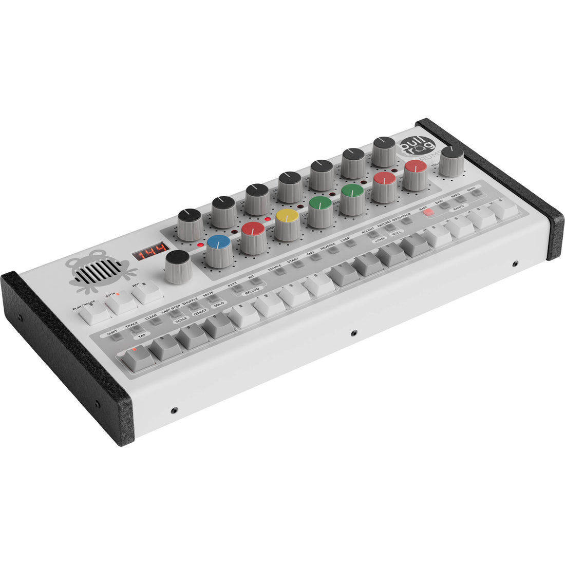 Erica Synths Bullfrog Drums drum machine with colorful knobs and buttons, used for electronic music production.