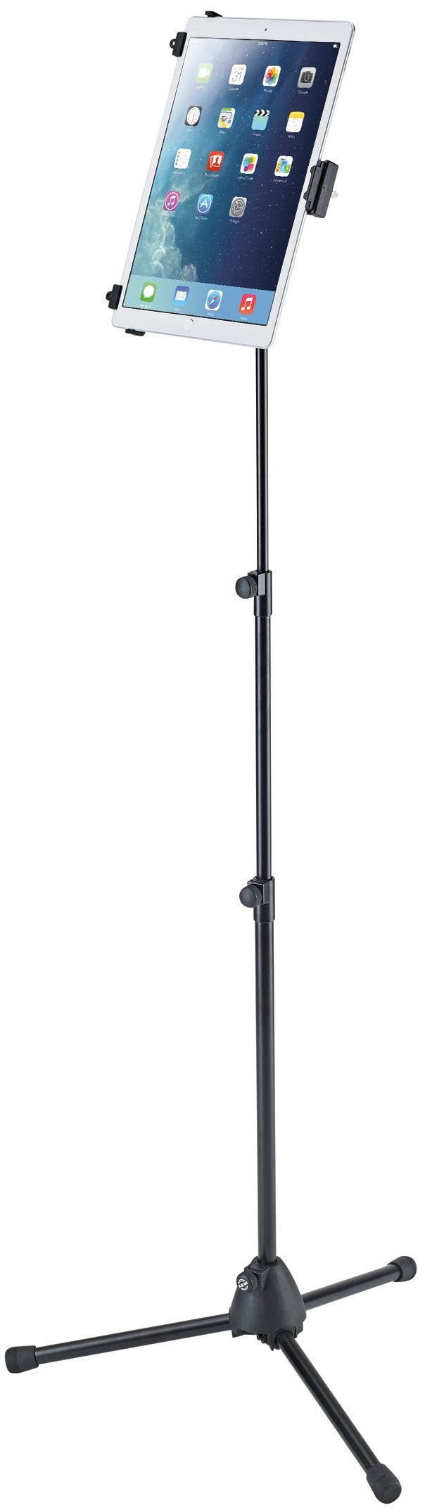 K&M 19793 multimedia microphone stand with adjustable arm and sturdy base, designed for professional audio setups.
