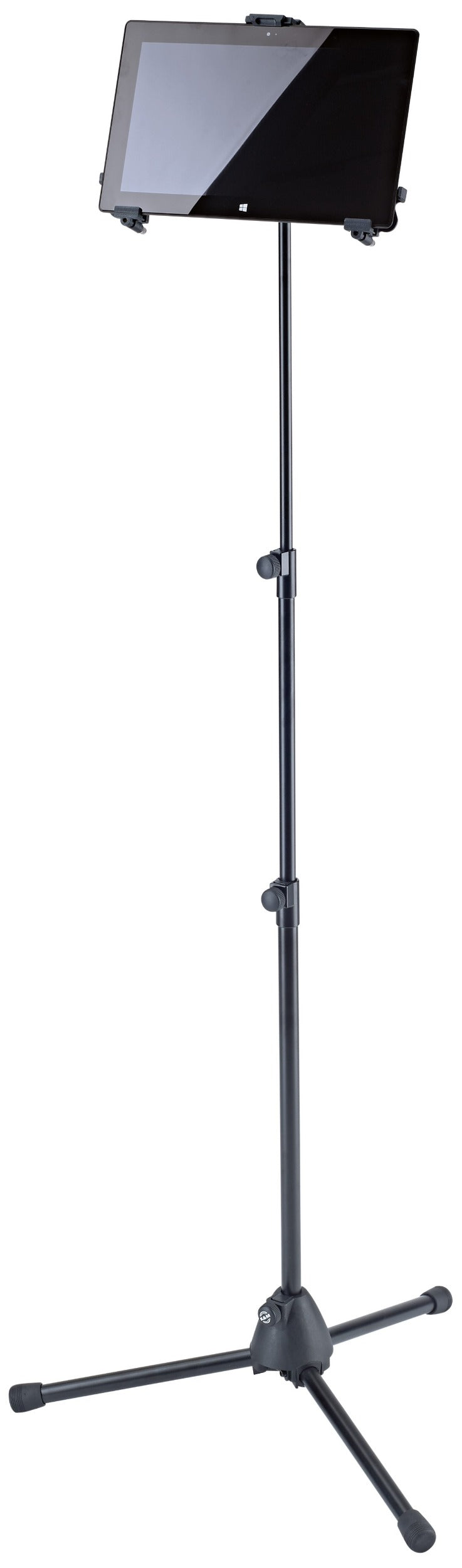 K&M 19793 multimedia microphone stand with adjustable holder and sleek black design for professional audio setups.