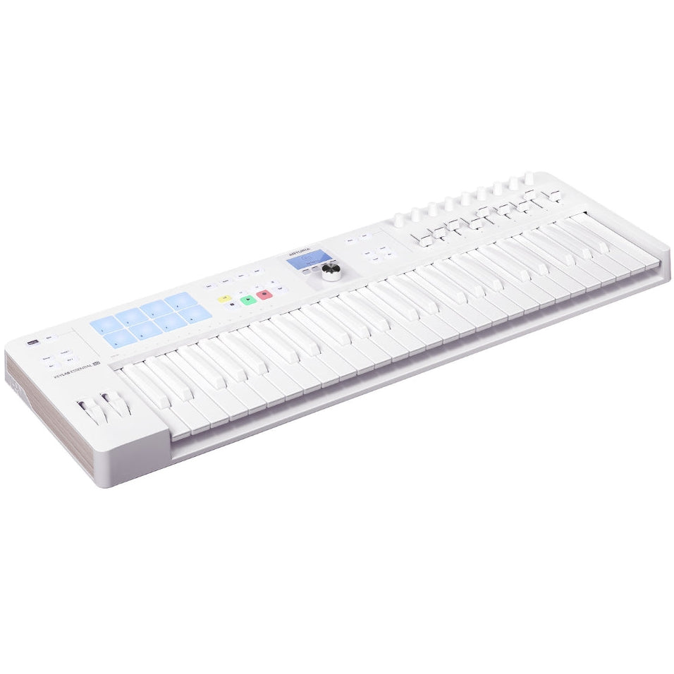 Arturia KeyLab Essential 49 MK3 MIDI keyboard with 49 keys, control knobs, and transport buttons for music production.