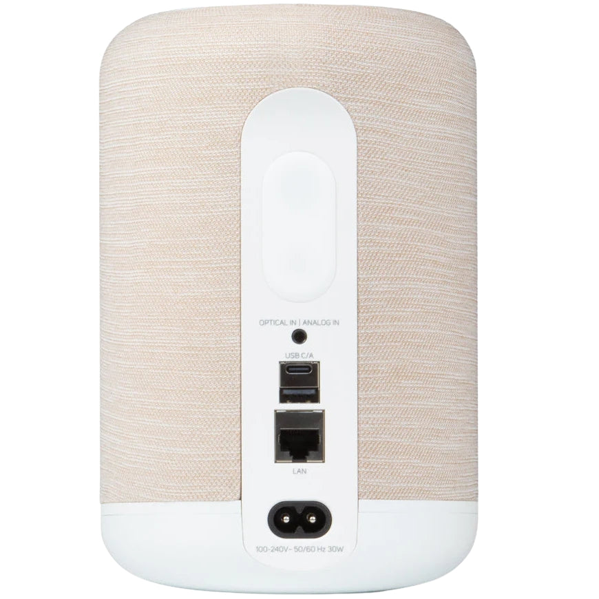 Bluesound Pulse Flex wireless speaker in black, showing its compact design and control buttons on top.