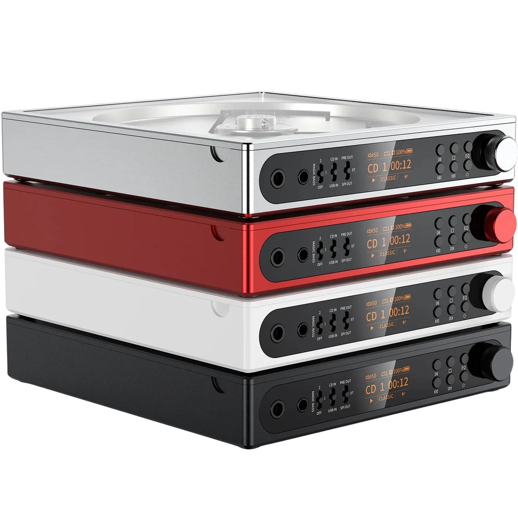 FiiO DM15 R2R CD player with silver finish, front loading tray, display screen, and control buttons on the front panel.
