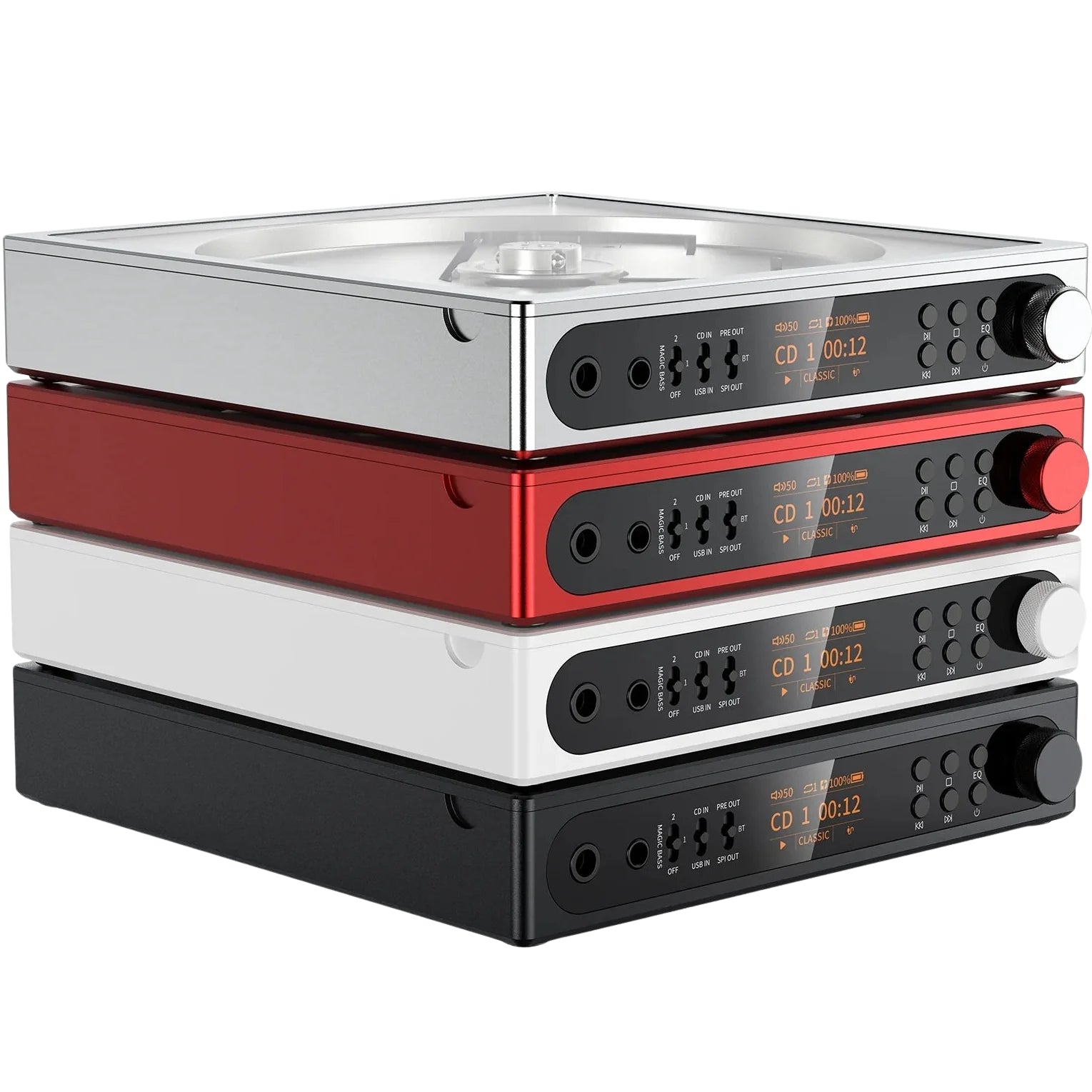 FiiO DM15 R2R CD player with silver finish, front loading tray, display screen, and control buttons on the front panel.