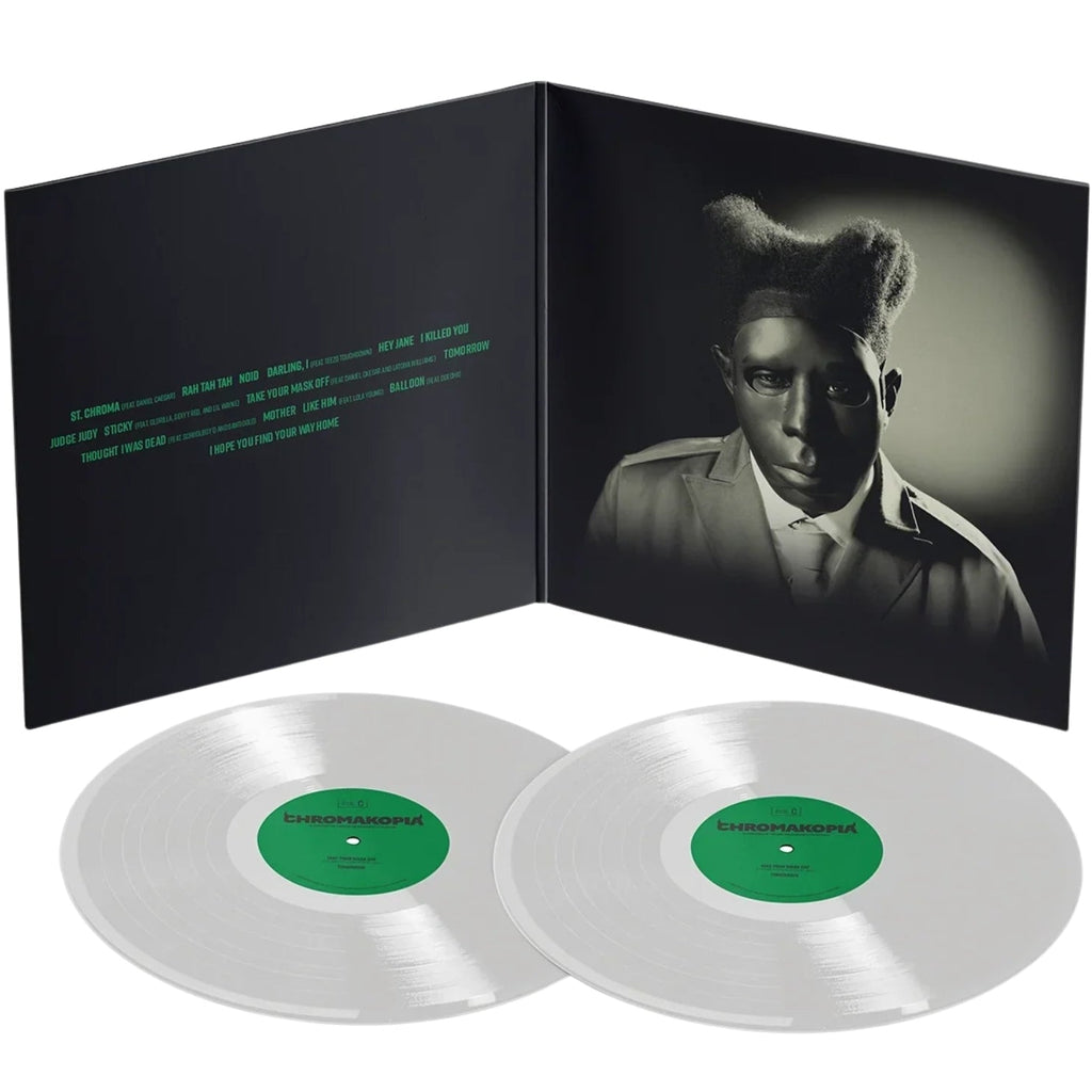 White vinyl 2LP of Tyler the Creator's Chromakopia album, a hip-hop/trap record by Columbia Records, shown with the album cover artwork.