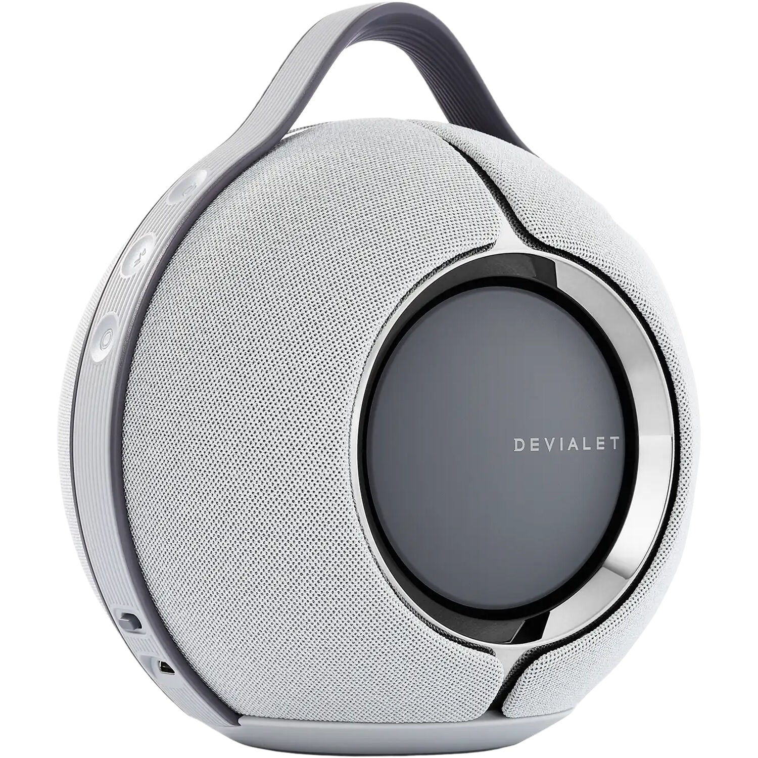 Devialet Mania portable speaker in black with sleek design, showing buttons and fabric grille for high-quality sound.