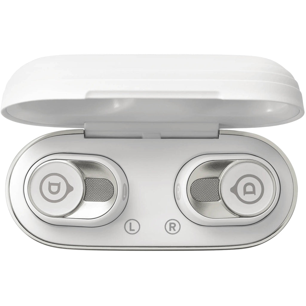 Devialet Gemini II wireless in-ear headphones with sleek black earbuds and compact design, shown with silver accents.