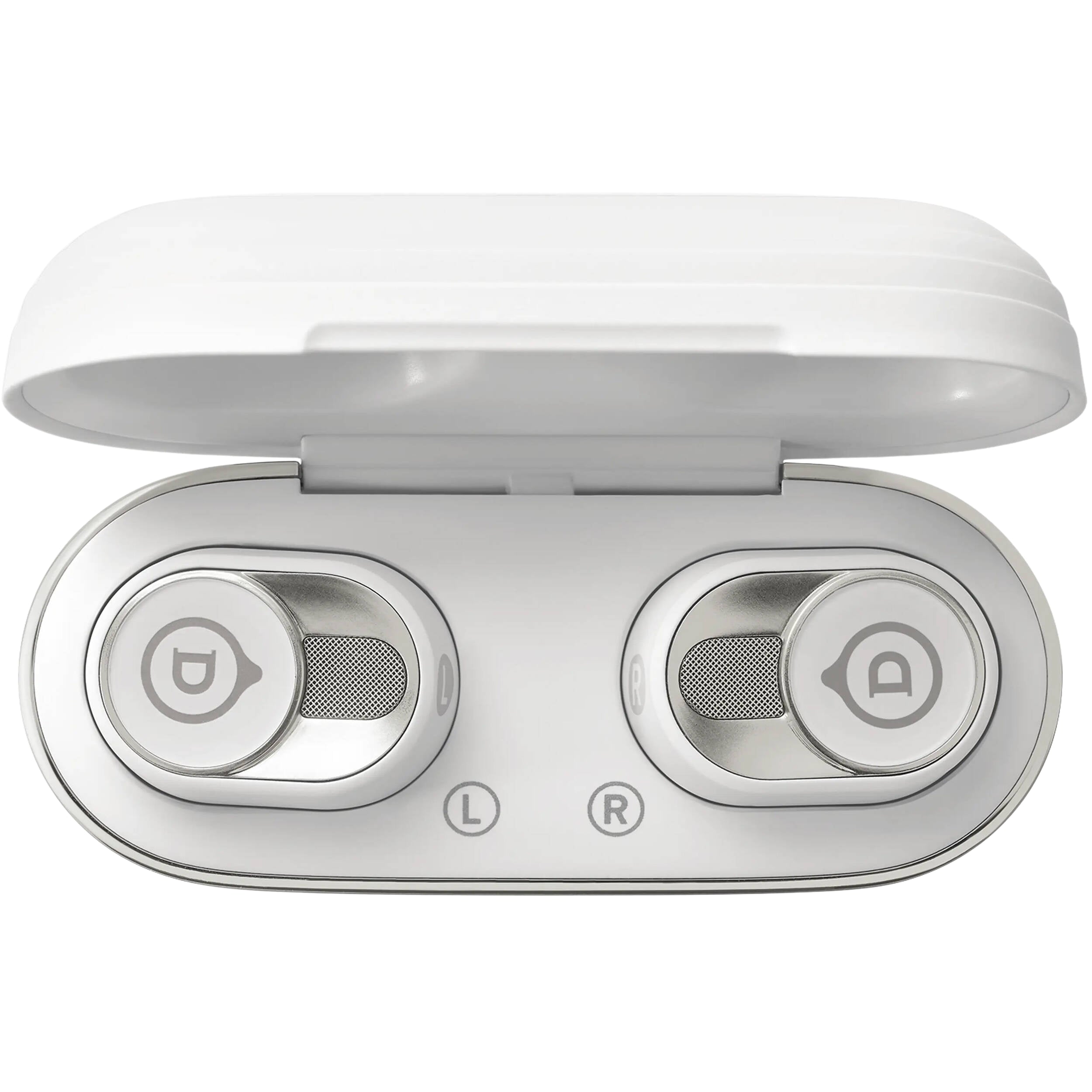 Devialet Gemini II wireless in-ear headphones with sleek black earbuds and compact design, shown with silver accents.