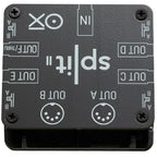 OXI Instruments Split 2 MIDI interface showing input and output ports on a sleek black device for music production.
