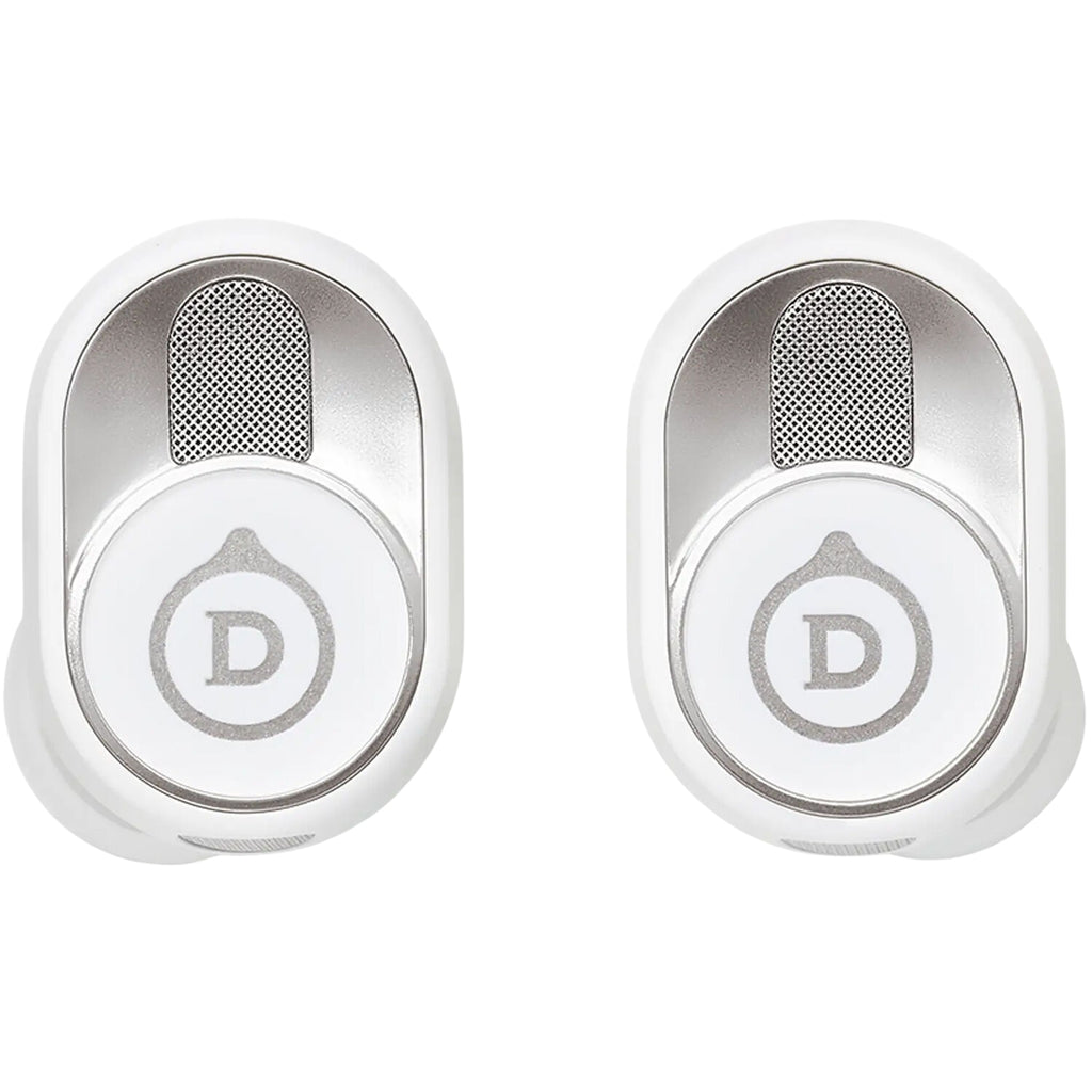 Wireless in-ear headphones by Devialet Gemini II with sleek black design and compact earbuds, shown from a front angle.