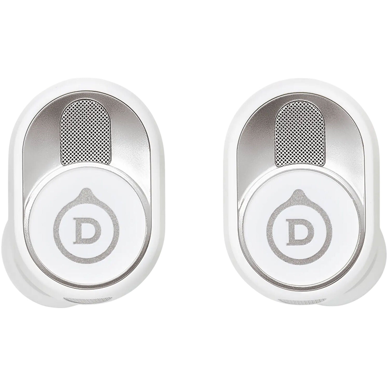 Wireless in-ear headphones by Devialet Gemini II with sleek black design and compact earbuds, shown from a front angle.