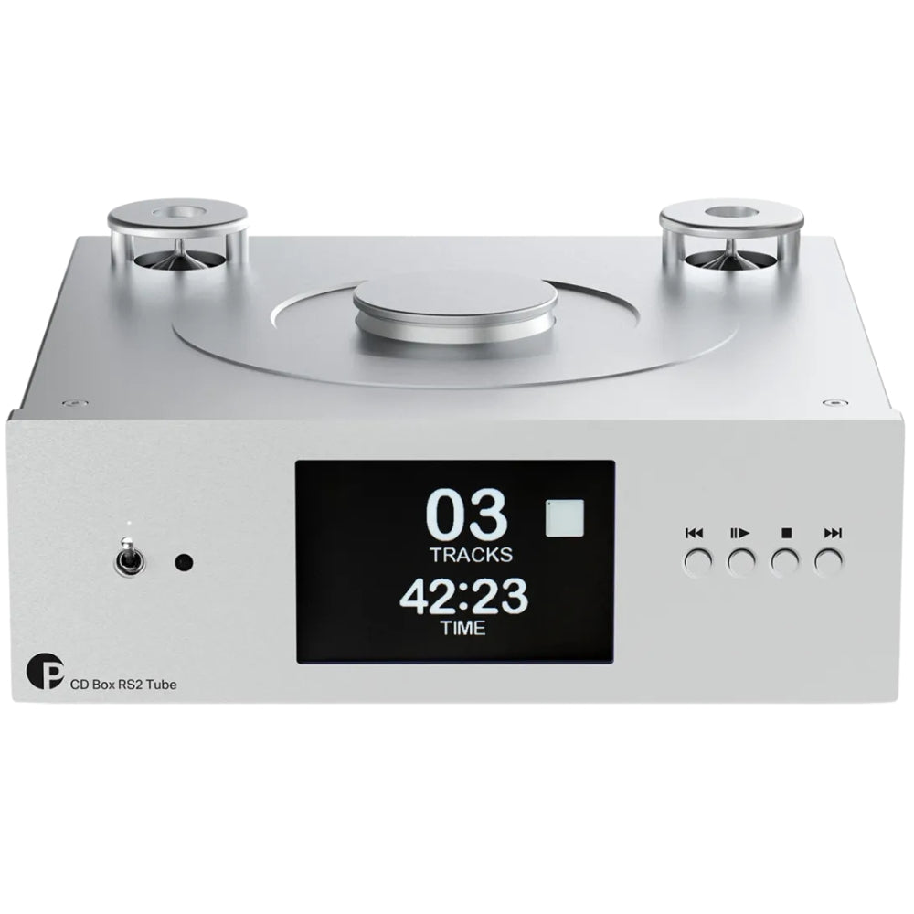 Pro-Ject CD Box RS2 Tube CD player with sleek black finish and front-loading disc tray on a modern audio setup.
