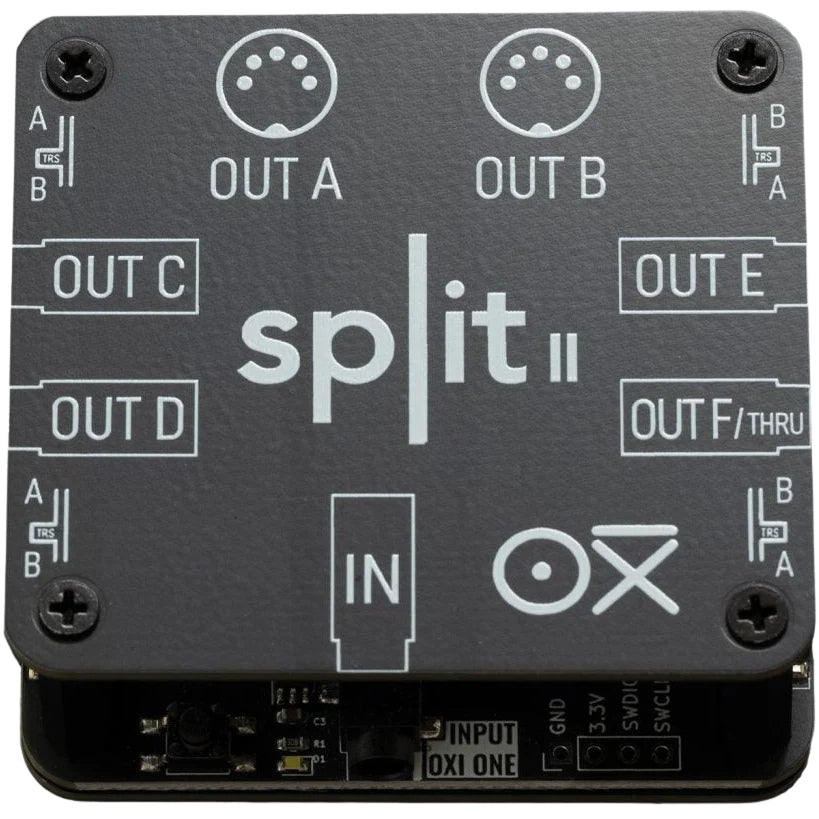OXI Instruments Split 2 MIDI interface with multiple input/output ports and compact design, used for music production and MIDI control.