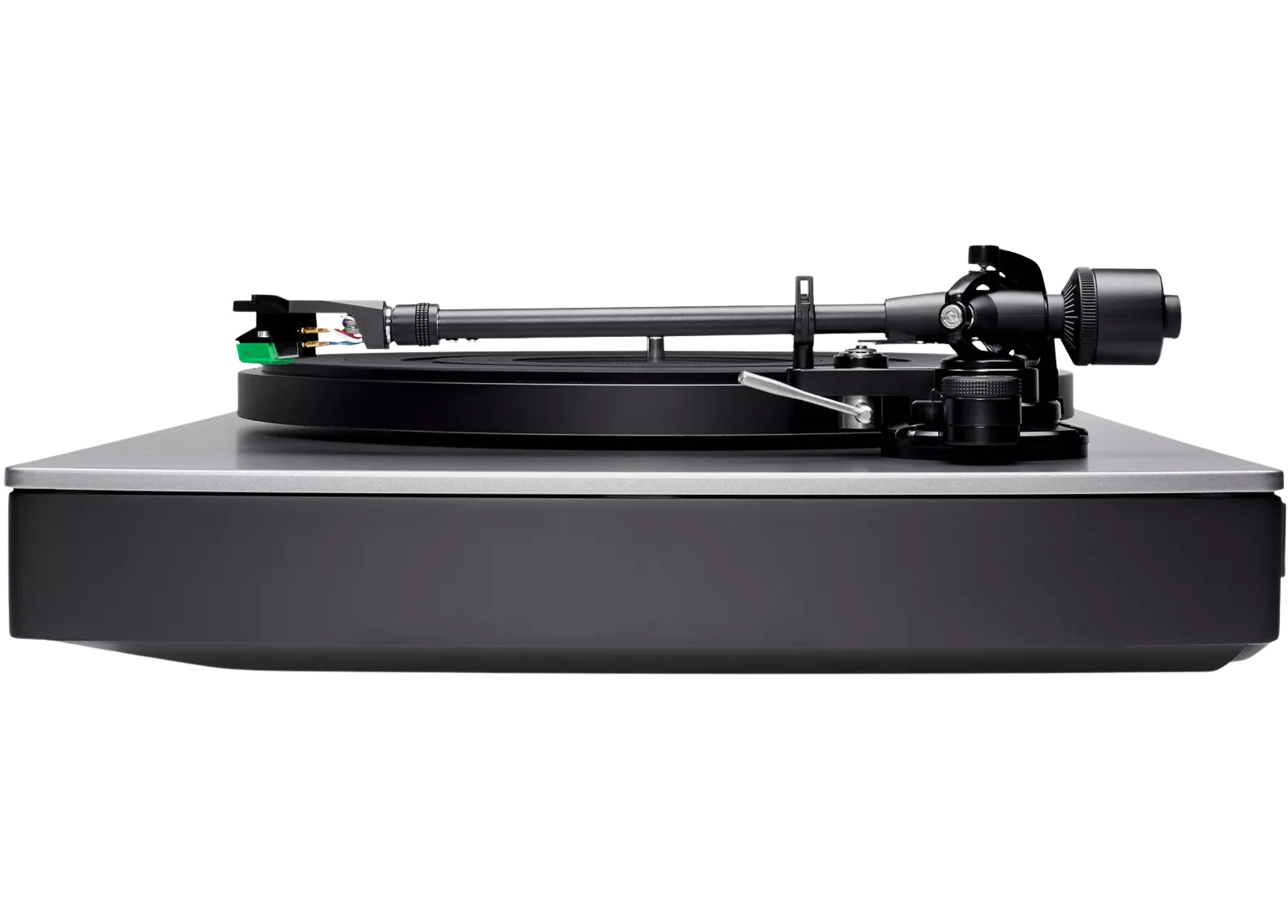 Cambridge Audio Alva ST turntable with sleek black design and tonearm, showcasing high-quality audio equipment.