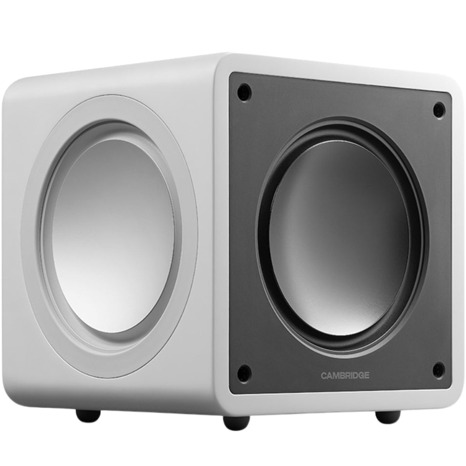 Cambridge Audio MSX Sub 200 subwoofer showing a sleek black design with a large driver and control panel on the front.