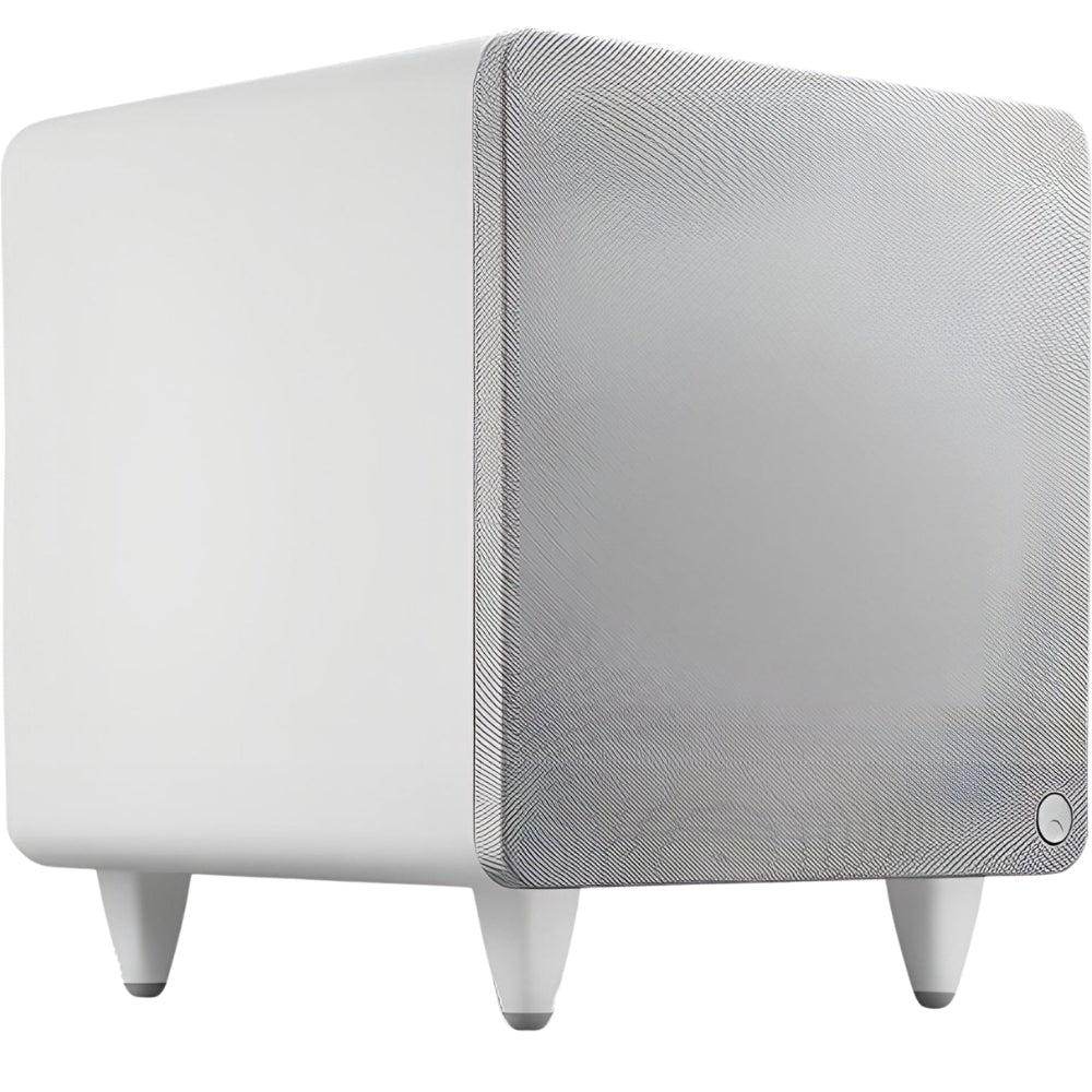 Cambridge Audio MSX Sub 300 subwoofer with sleek black finish and compact design, showcasing its powerful bass speaker.