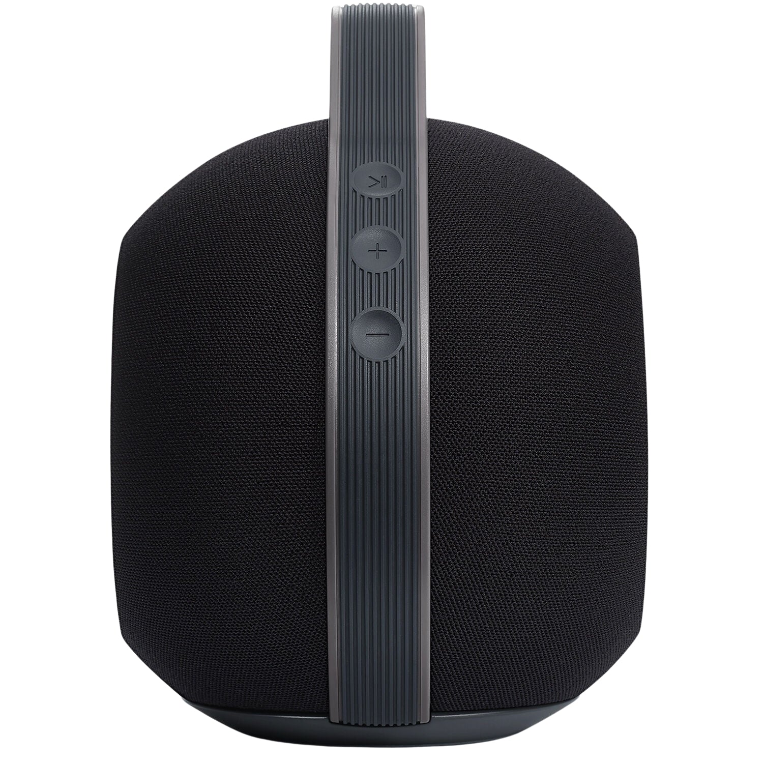 Devialet Mania portable speaker emitting sound, compact design with sleek black exterior and control buttons on top.