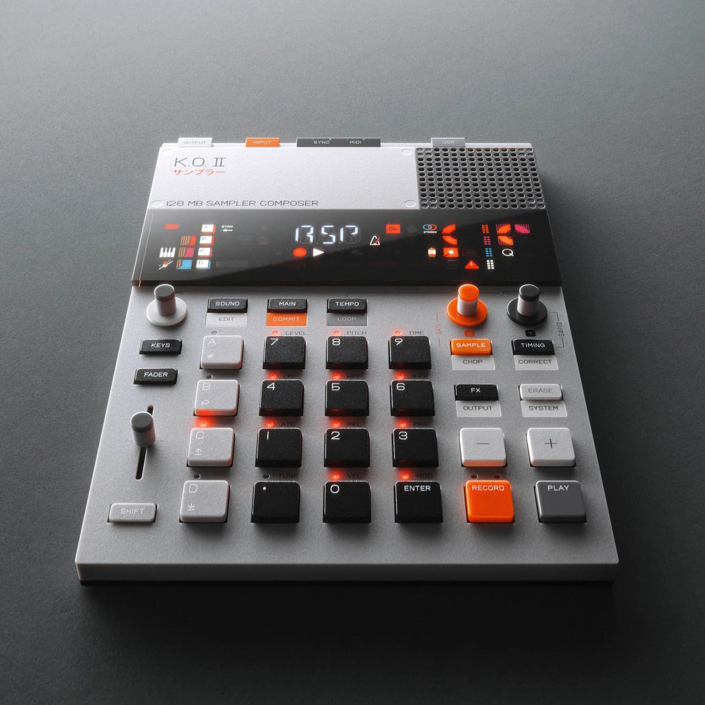 Teenage Engineering EP-133 K.O. II drum machine and sampler with colorful interface and control knobs, designed for music production.