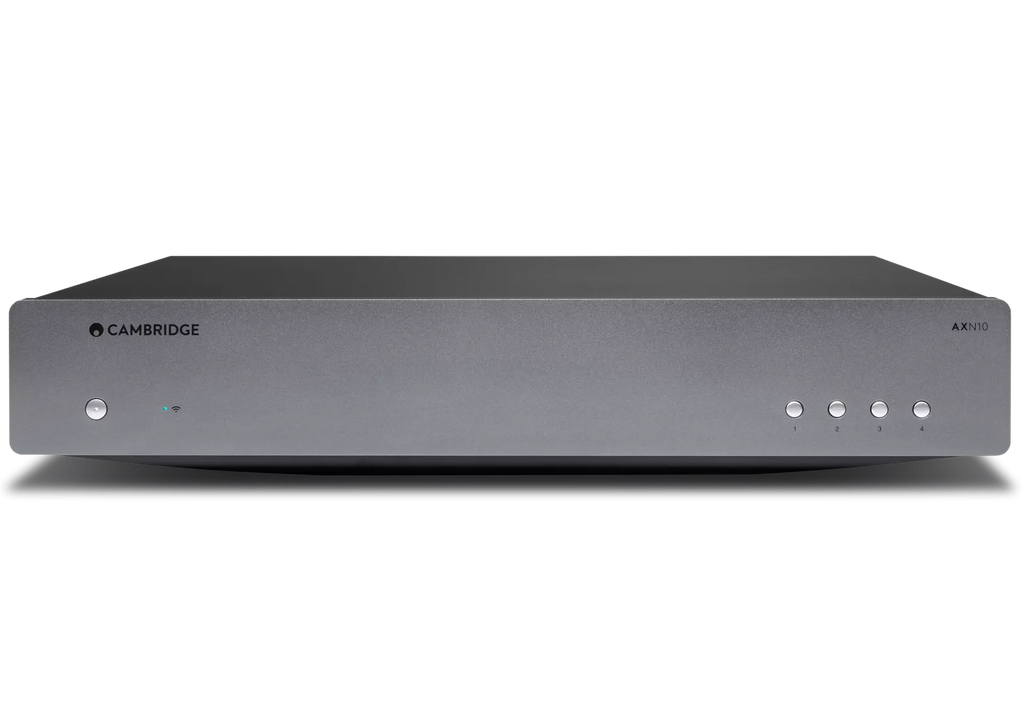 Cambridge Audio AXN10 music streamer with sleek black design, compact size, and front display panel for high-quality audio streaming.