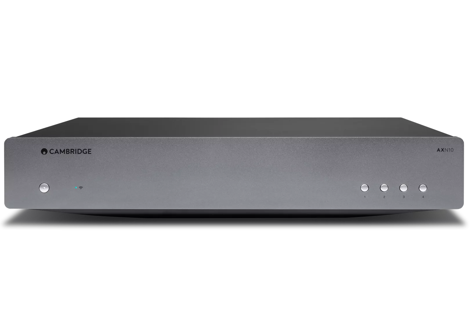 Cambridge Audio AXN10 music streamer with sleek black design, compact size, and front display panel for high-quality audio streaming.