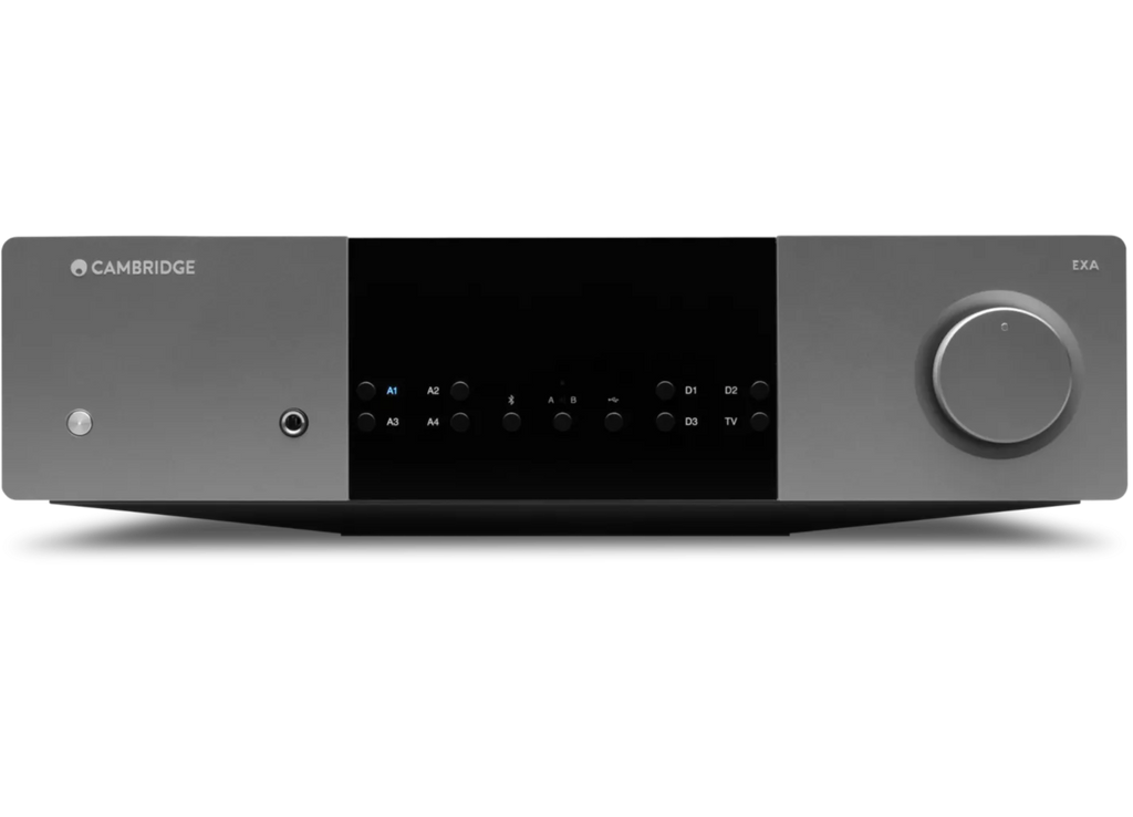 Cambridge Audio EXA100 stereo amplifier with sleek black design and control knobs on front panel.
