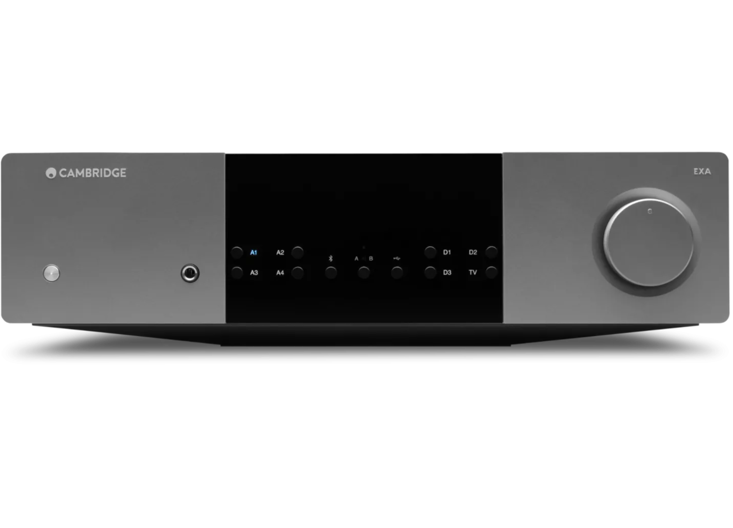 Cambridge Audio EXA100 stereo amplifier with sleek black design and control knobs on front panel.
