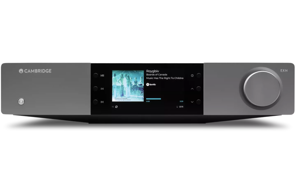Cambridge Audio EXN100 music streamer showing front panel with digital display and control buttons on a sleek black device