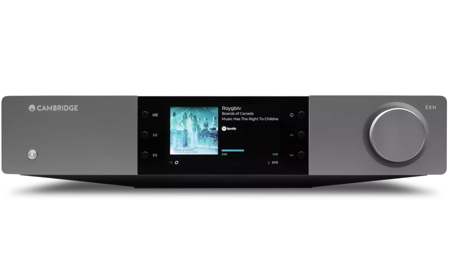 Cambridge Audio EXN100 music streamer showing front panel with digital display and control buttons on a sleek black device