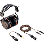 Audeze LCD-5 wired headphones with open-back design, featuring sleek black ear cups and headband, placed on a neutral background.