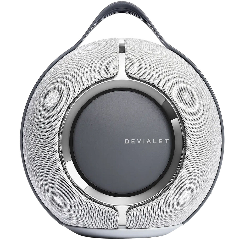 Devialet Mania portable speaker with sleek design and control buttons, showcasing its compact, modern appearance.