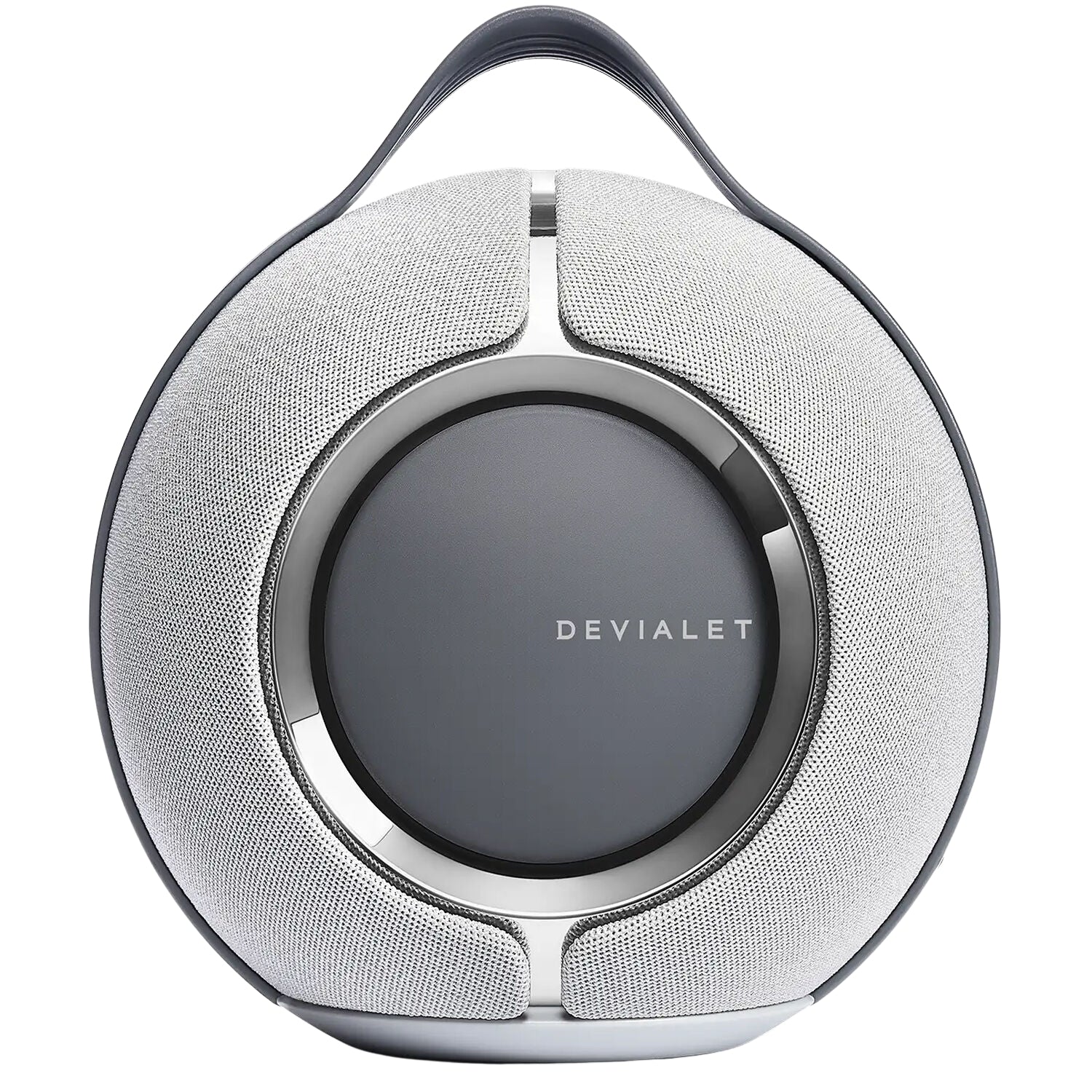 Devialet Mania portable speaker with sleek design and control buttons, showcasing its compact, modern appearance.