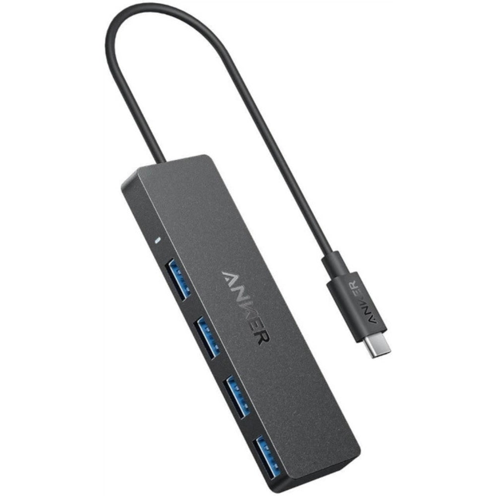 Anker USB-C hub with multiple ports including HDMI, USB-A, and USB-C for versatile device connectivity.