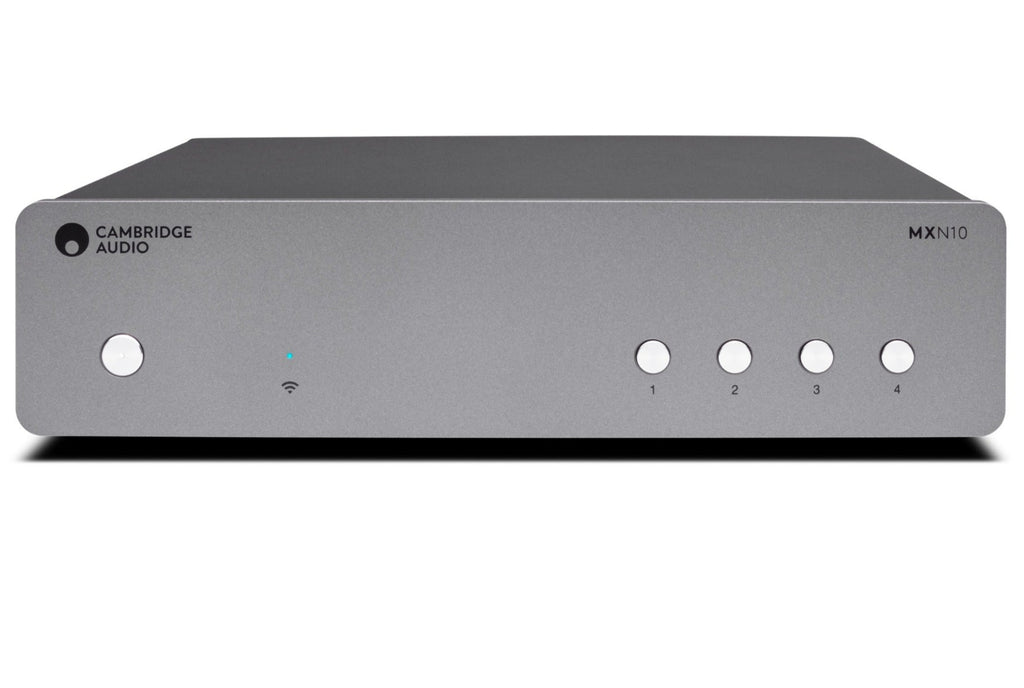 Cambridge Audio MXN10 music streamer showing front view with display screen and control buttons on a sleek black device.