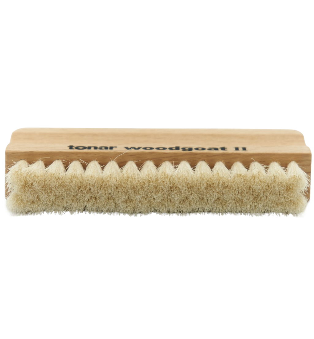 Tonar Woodgoat II record brush for cleaning vinyl records, featuring natural wood handle and soft brush for gentle dust removal.