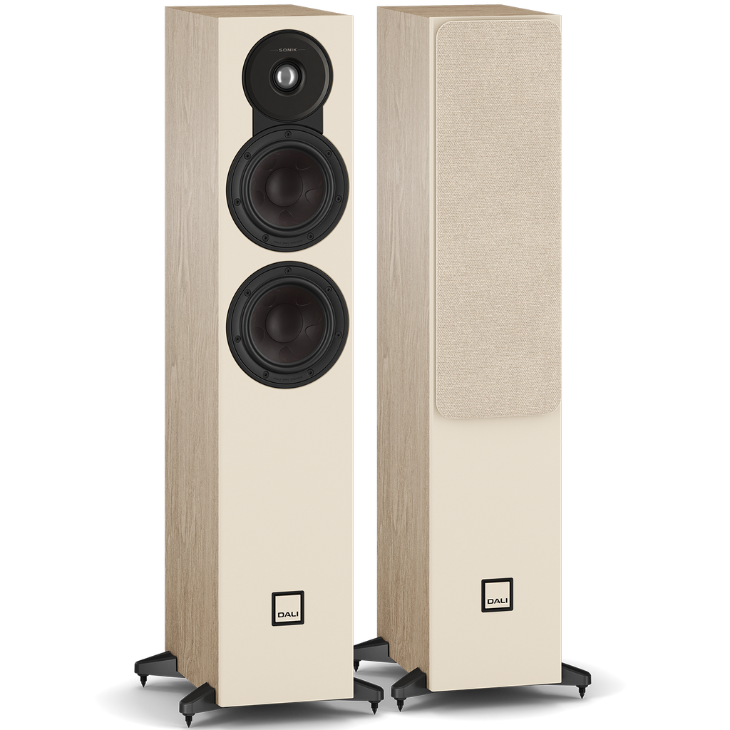 DALI Sonik 5 passive floorstanding speakers with sleek black finish and multiple drivers for high-quality audio.