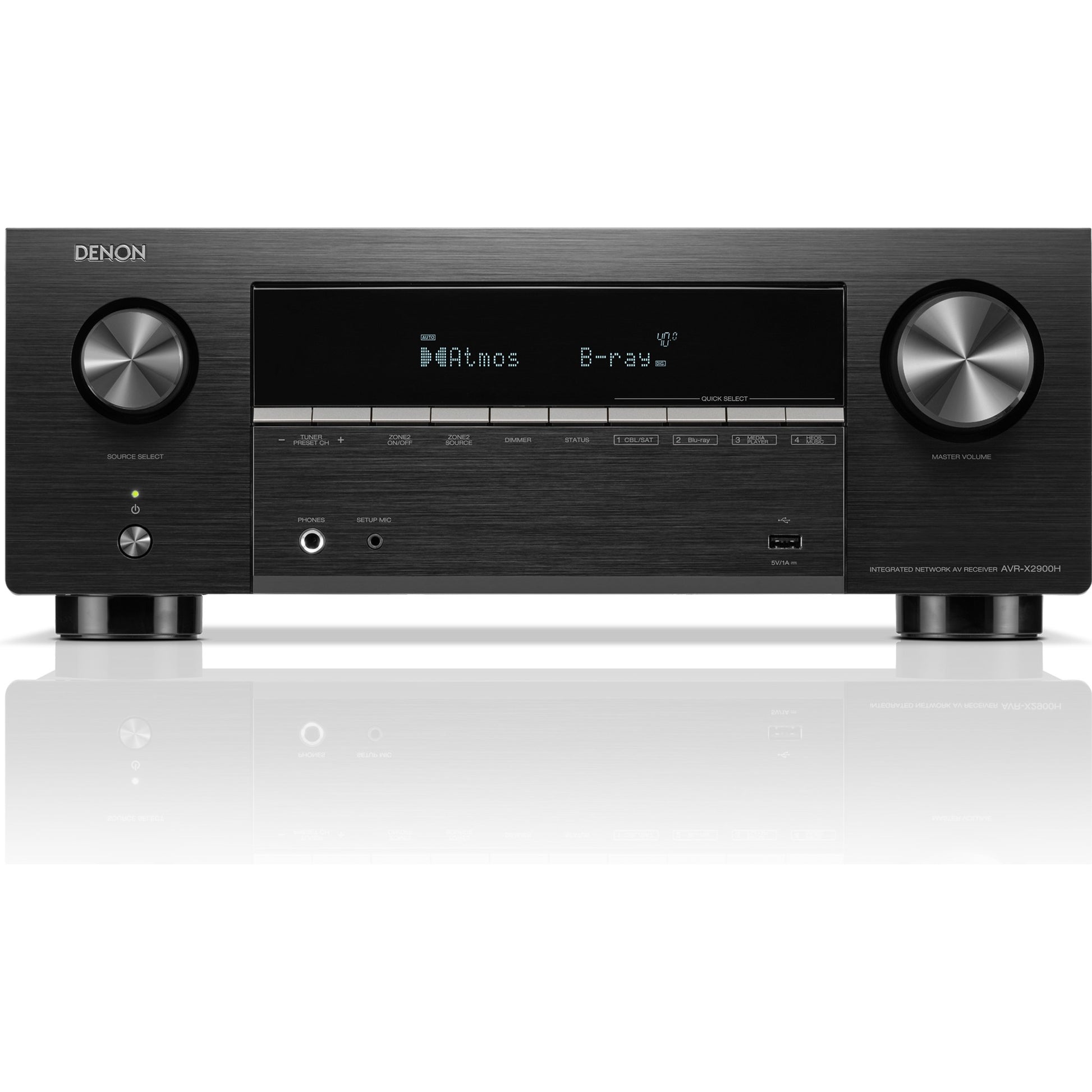 Denon AVR-X2900H DAB stereo amplifier with white finish, featuring multiple audio input ports and digital display on the front panel.