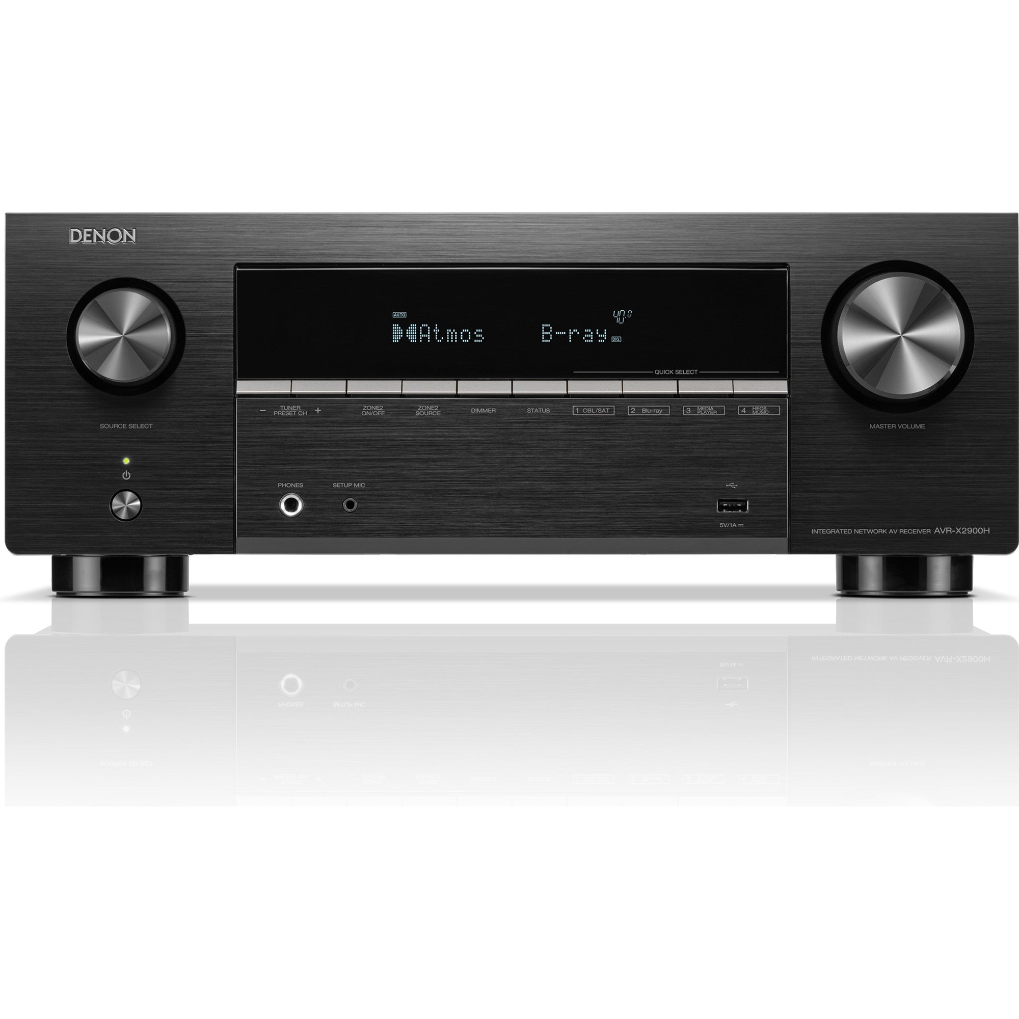 Denon AVR-X2900H DAB stereo amplifier with white finish, featuring multiple audio input ports and digital display on the front panel.