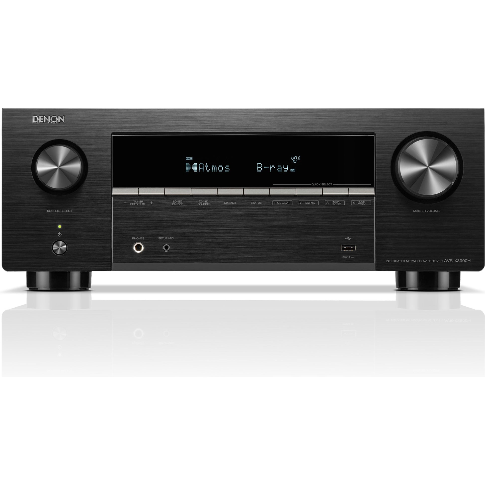 Denon AVC-X3900H stereo amplifier with a sleek white design, featuring multiple input ports and control knobs.
