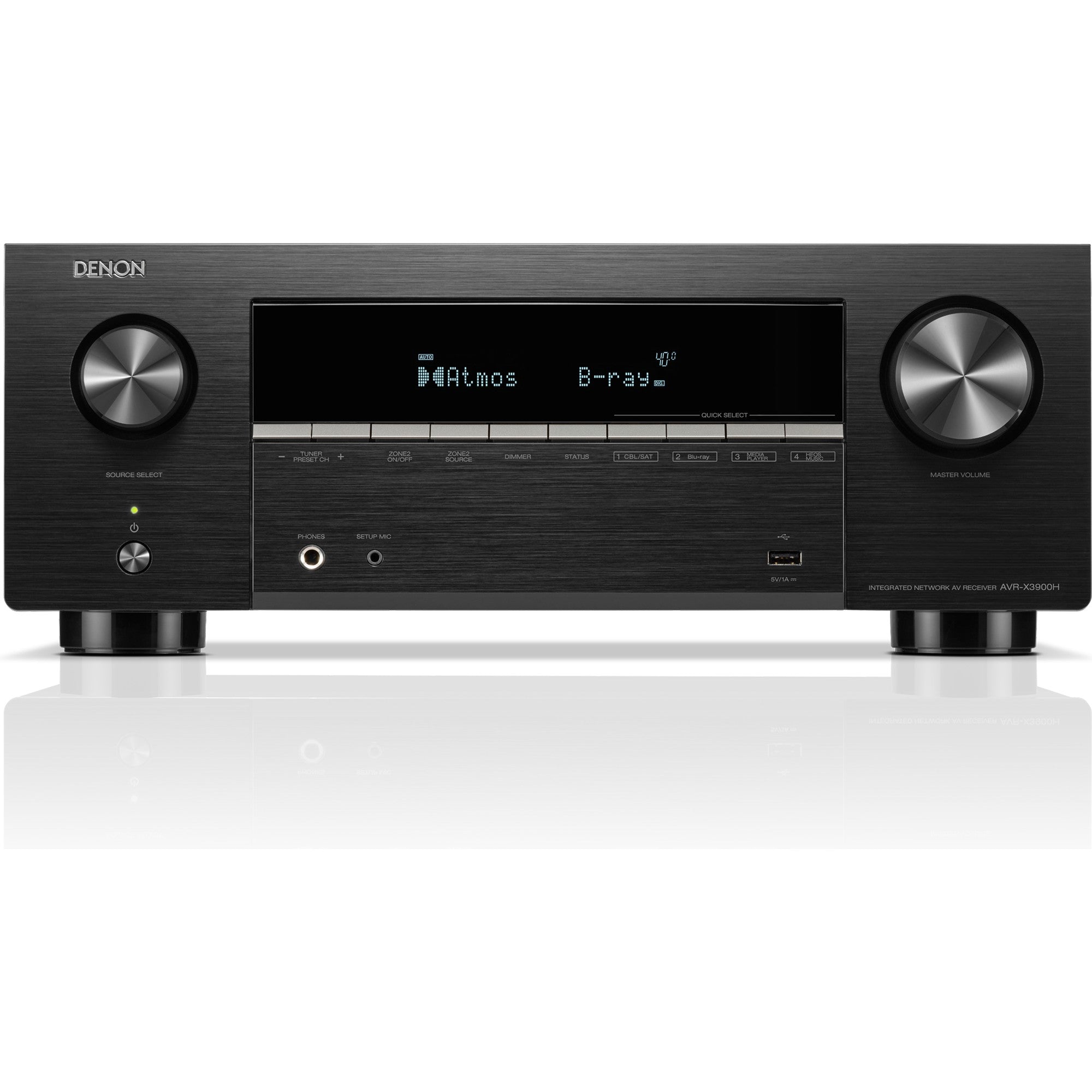 Denon AVC-X3900H stereo amplifier with a sleek white design, featuring multiple input ports and control knobs.