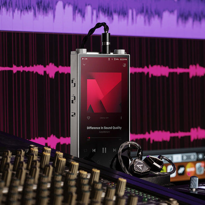 Astell&Kern PD20 portable music player with sleek black design and touchscreen display, positioned on a wooden surface.