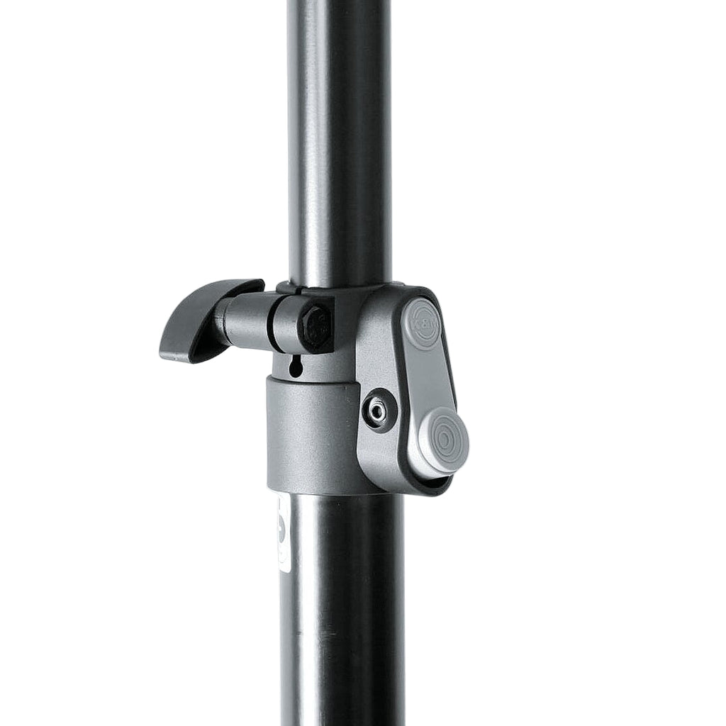 K&M 21435 PA speaker stand with adjustable height and sturdy metal construction for professional audio setup.