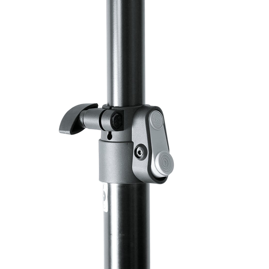 K&M 21435 PA speaker stand with adjustable height and sturdy metal construction for professional audio setup.