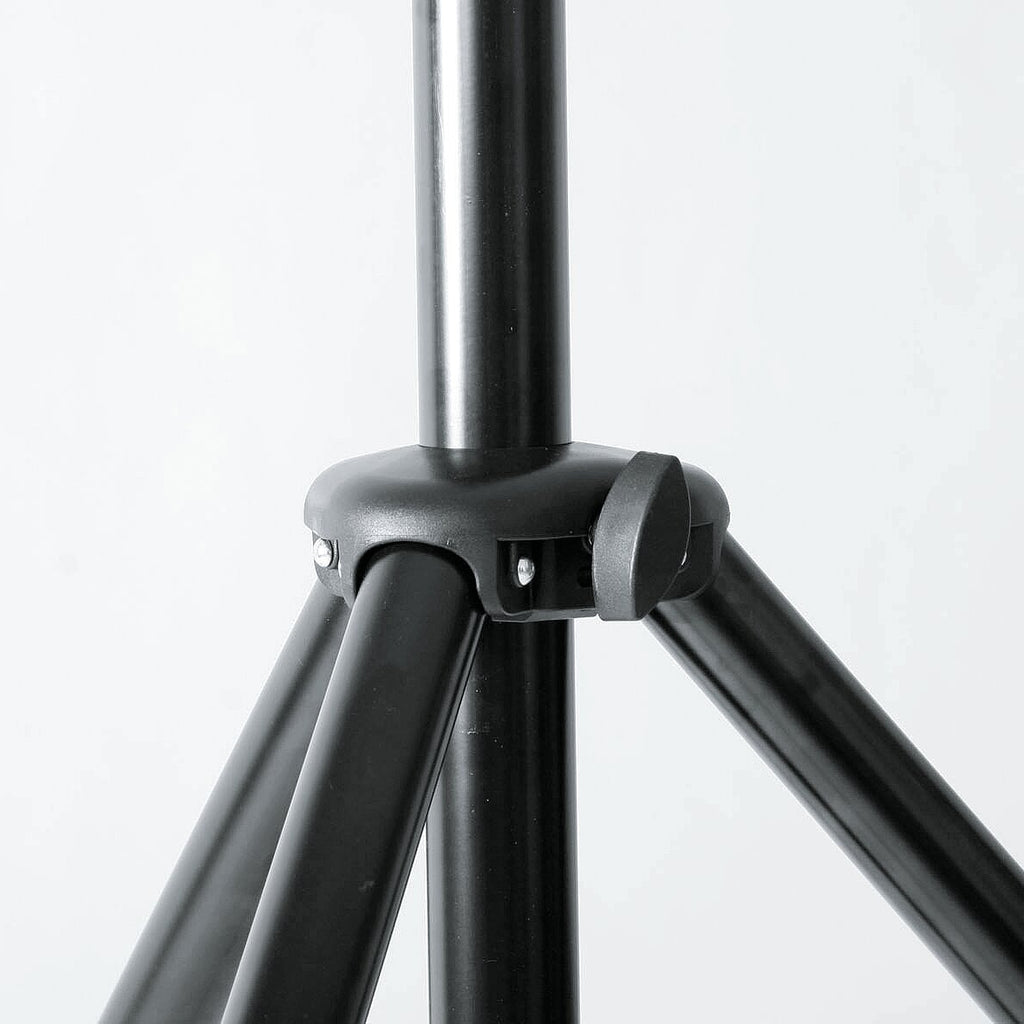 K&M 21435 PA speaker stands with adjustable height and sturdy metal construction, shown in detail.