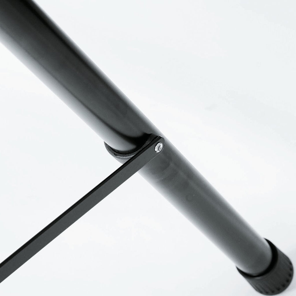 K&M 21435 PA speaker stands with adjustable height and sturdy metal construction for professional audio setup.