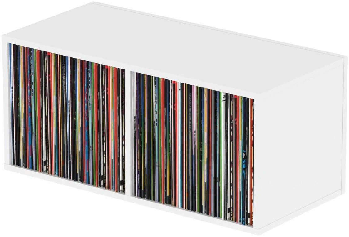 Glorious Record Box 230 DJ table with a sturdy black surface and storage compartments for vinyl records and DJ gear.