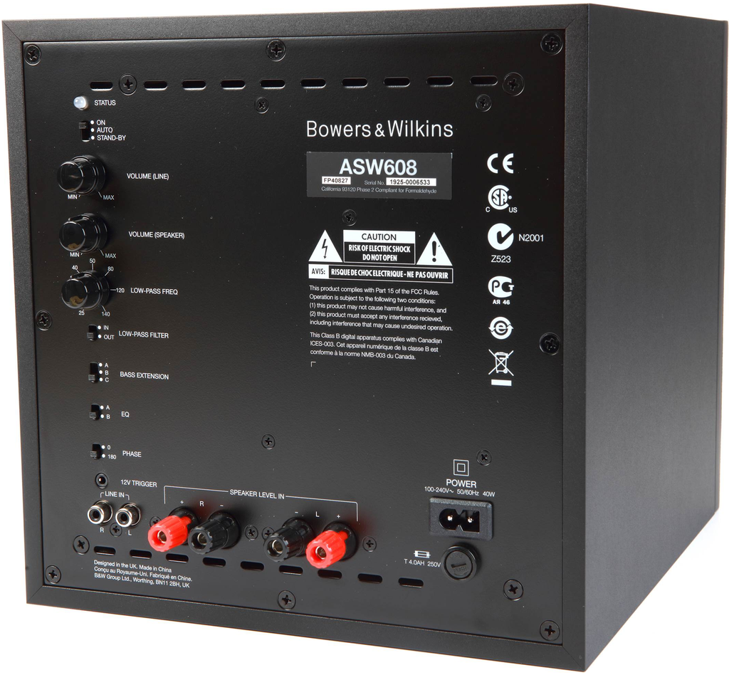 Bowers & Wilkins ASW608 subwoofer with black cabinet and front grille, designed for rich bass performance in home audio systems.