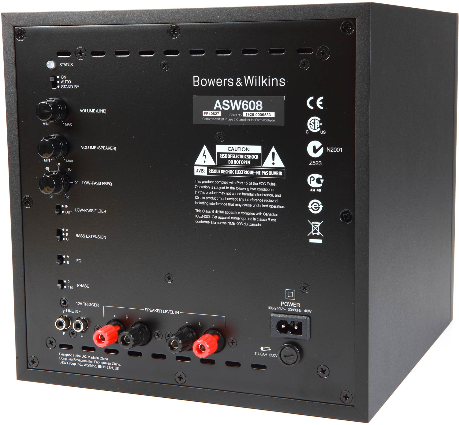 Bowers & Wilkins ASW608 subwoofer with black cabinet and front grille, designed for rich bass performance in home audio systems.