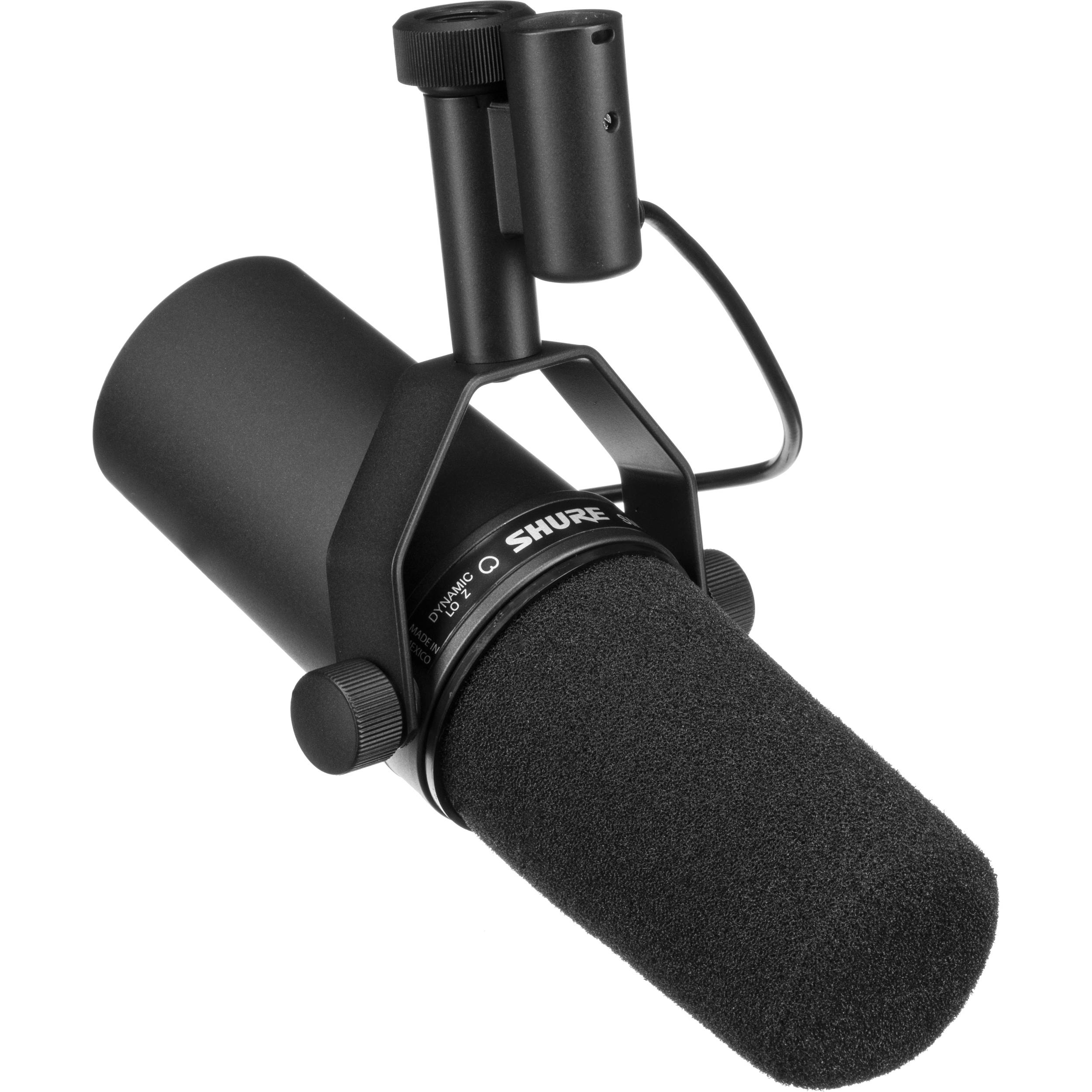 Shure SM7B dynamic microphone with MVX2U XLR-to-USB adapter, shown connected on a microphone stand for professional audio recording.