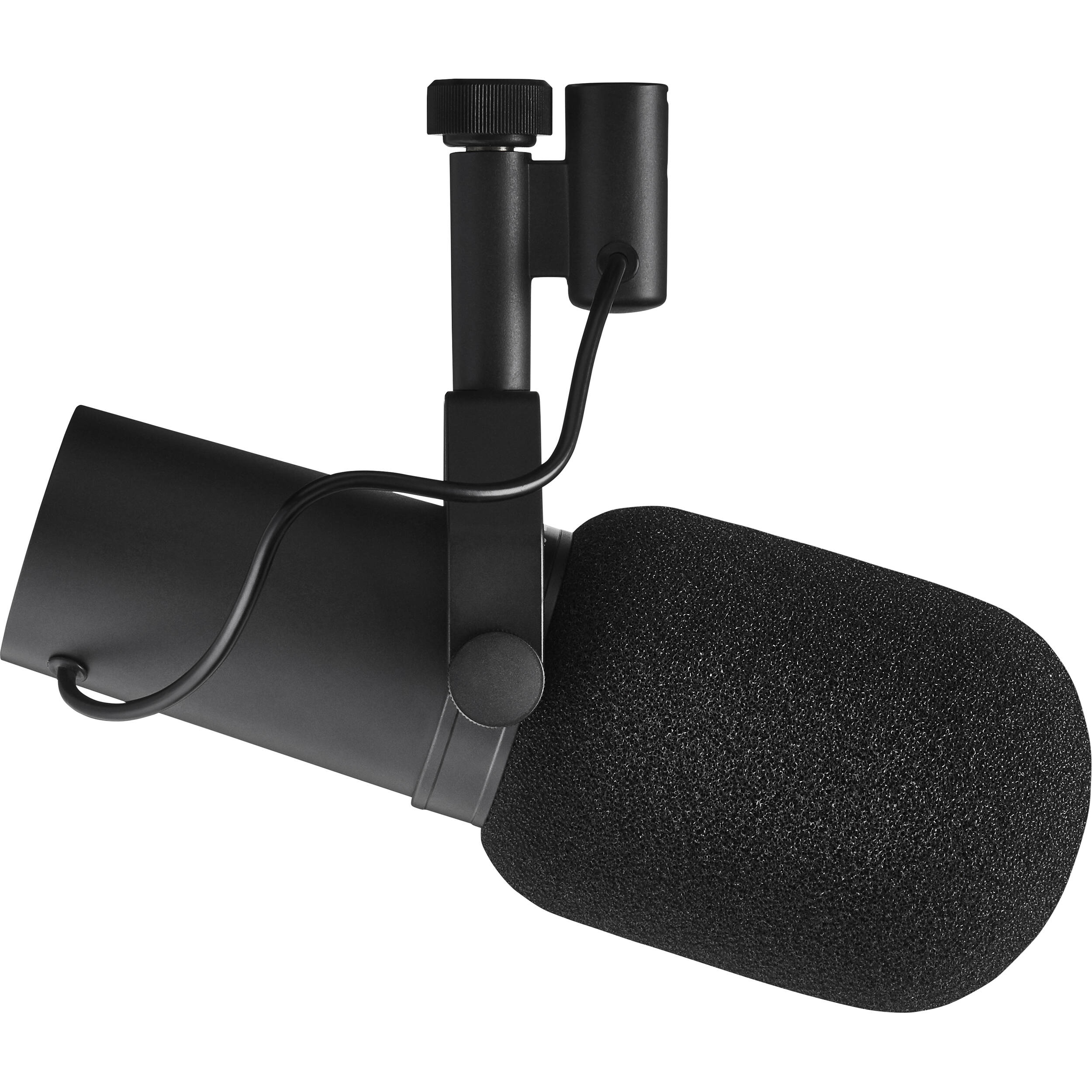 Shure SM7B dynamic microphone with MVX2U XLR-to-USB adapter bundle, showing the microphone and adapter setup.